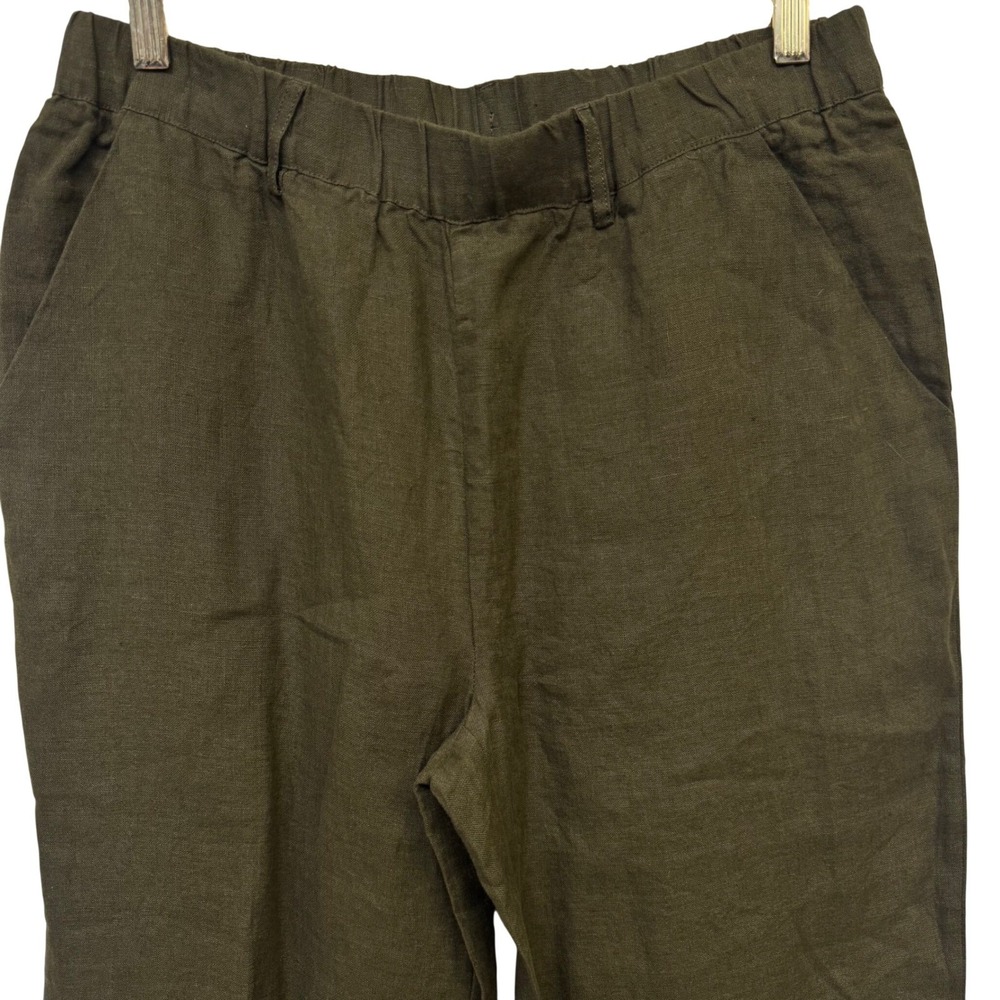 Quince Women Linen Pants M Medium Olive Green Elastic Waist Straight Leg - Picture 2 of 8